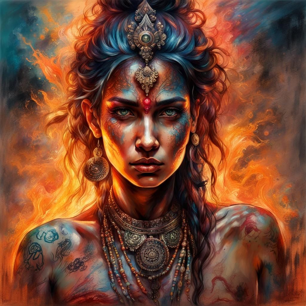 Indian Goddess Chamunda Portrait with Runic Tattoos