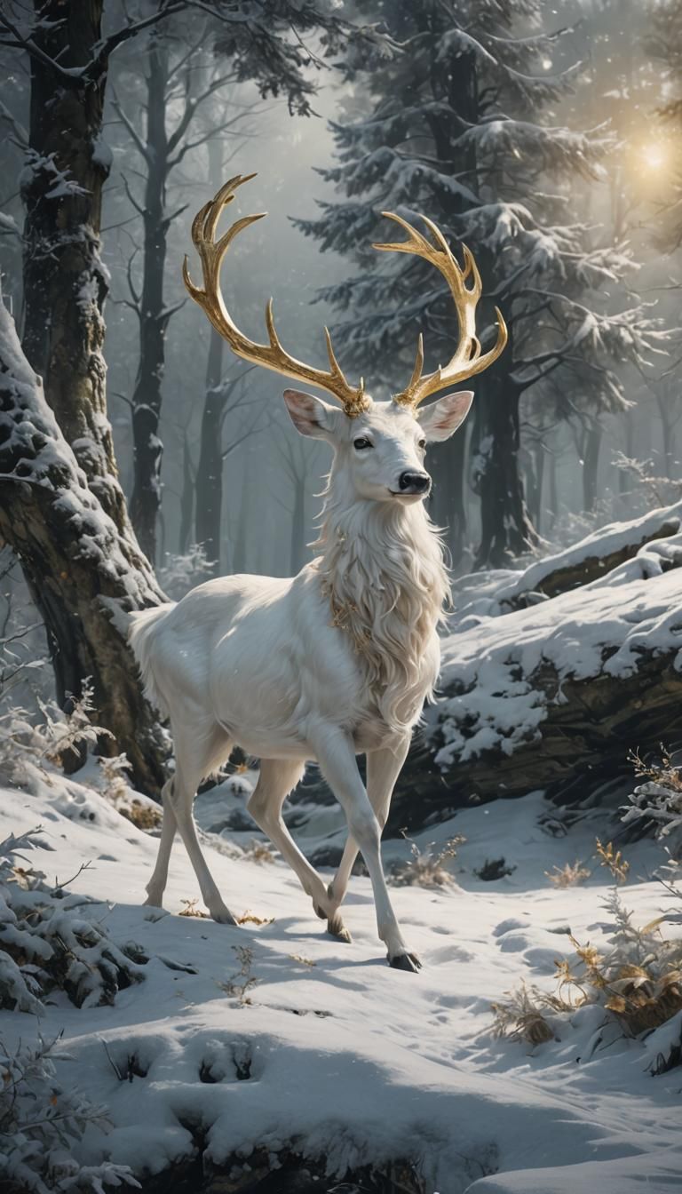 White Deer with Golden Antlers in Fantasy Forest