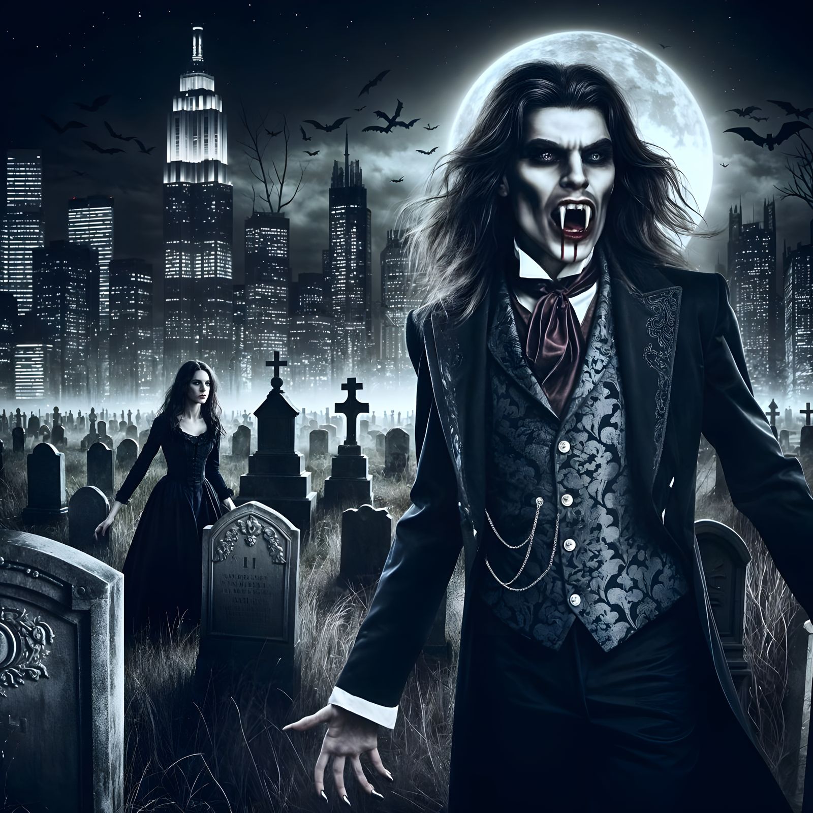 Eerie Vampire in Graveyard With Sci-Fi Cityscape