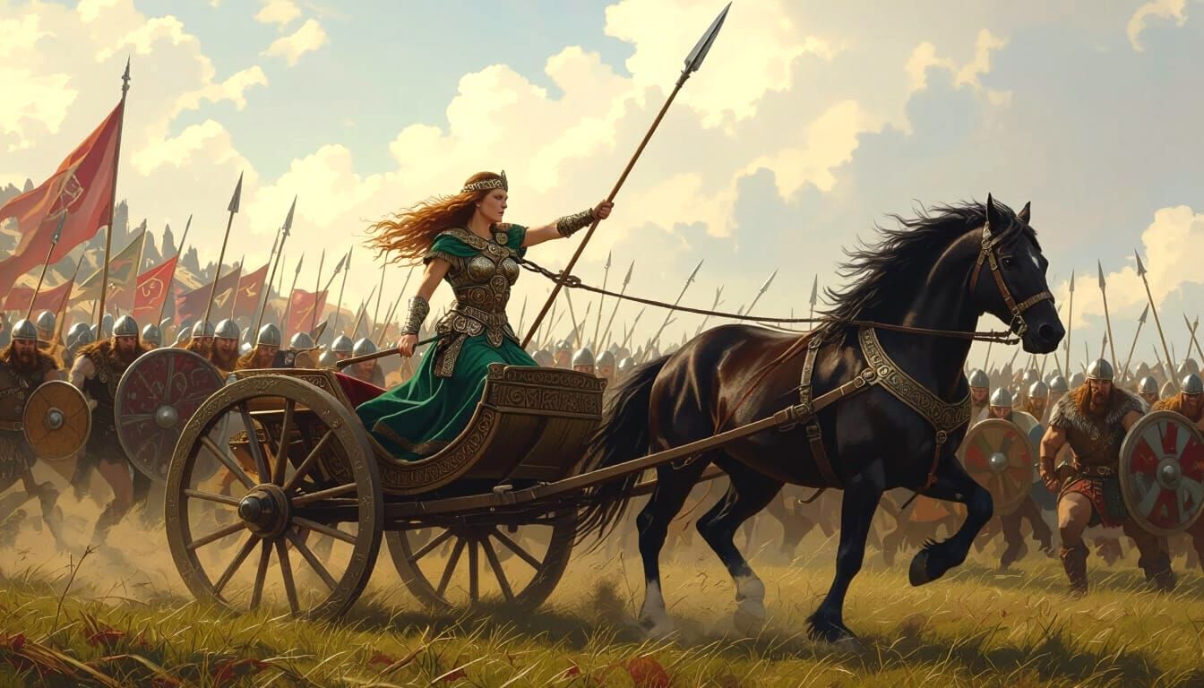 Celtic Warrior Queen Leads Charge in Epic Oil Painting
