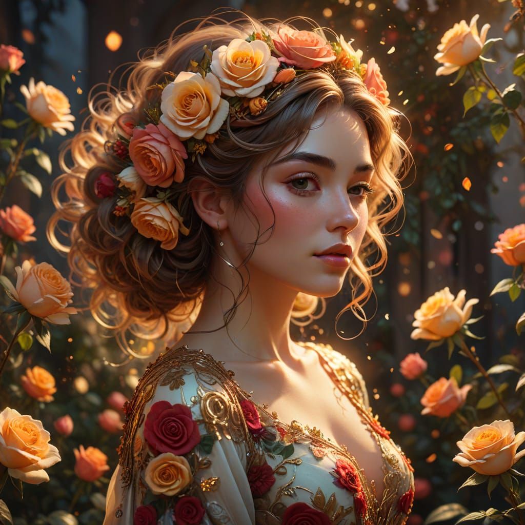 Woman Adorned With Vibrant Roses and Floral Elements