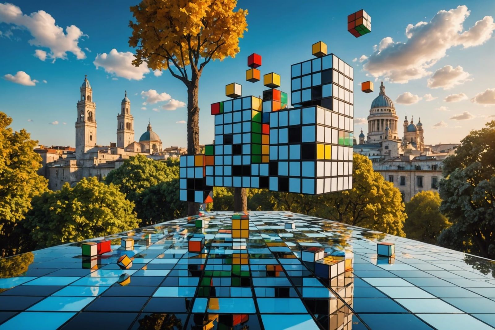 Surreal Cityscape with Rubik's Cube Buildings