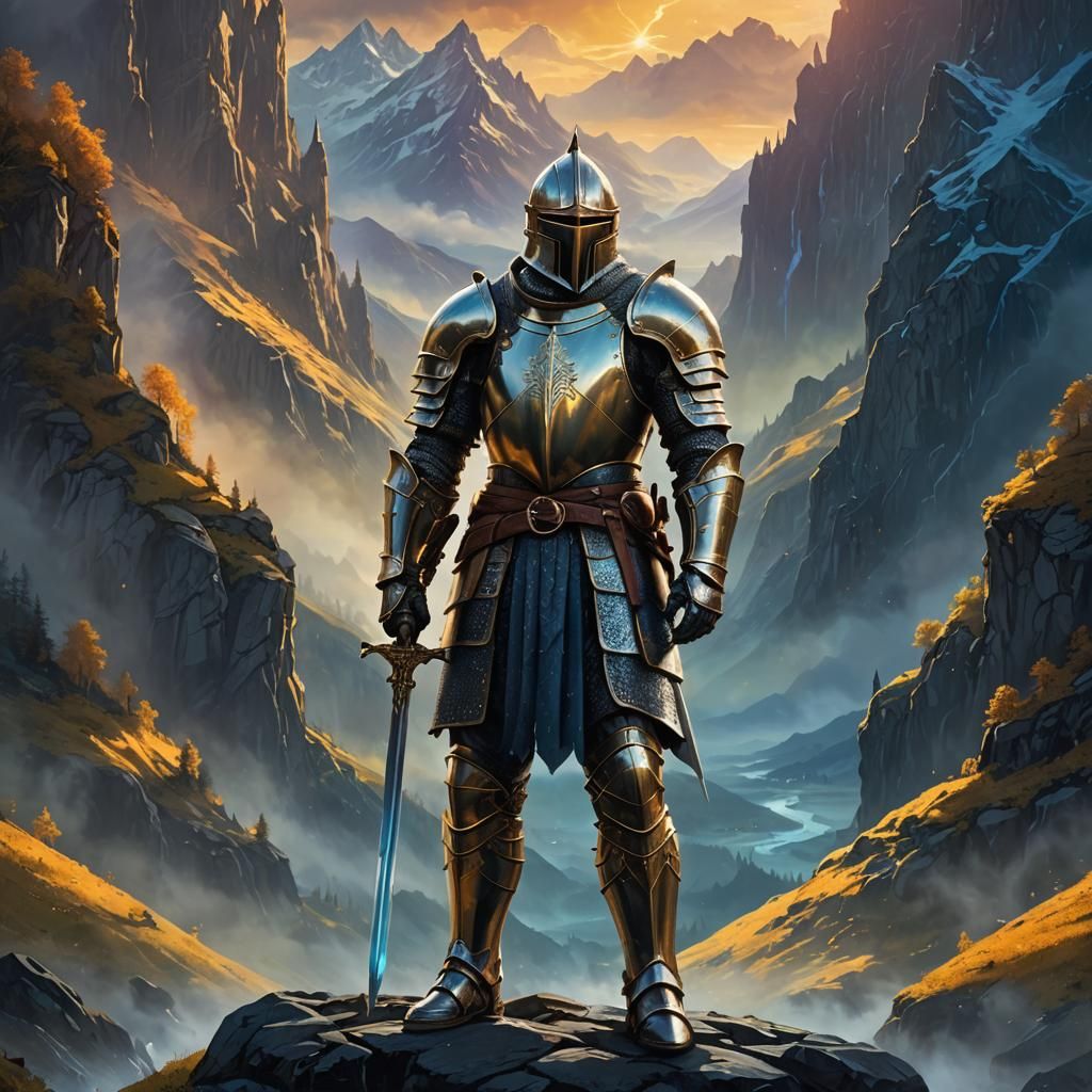 Knight in Glass Armor Amidst Misty Mountains