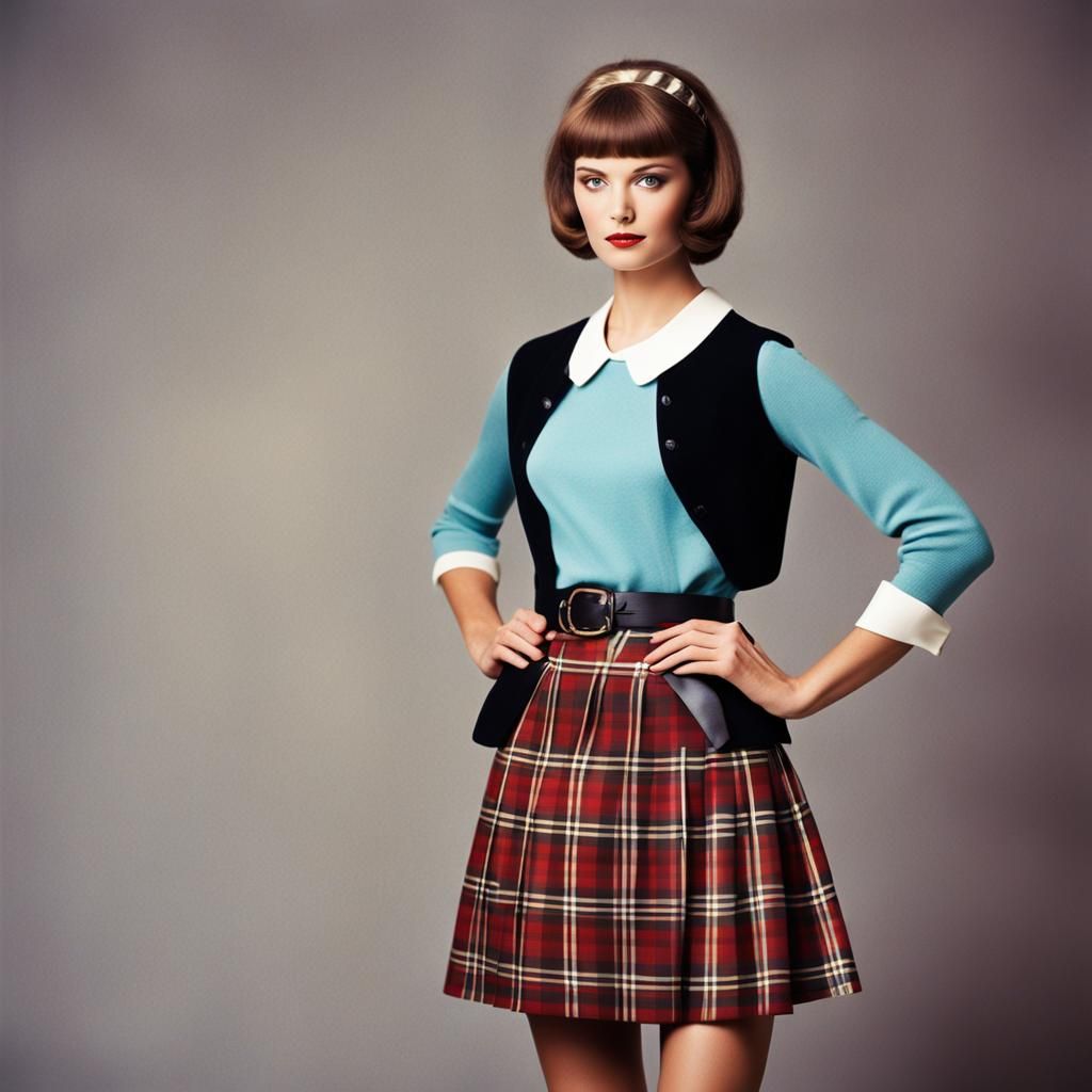 1960s Supermodel in Plaid Miniskirt: Studio Photo