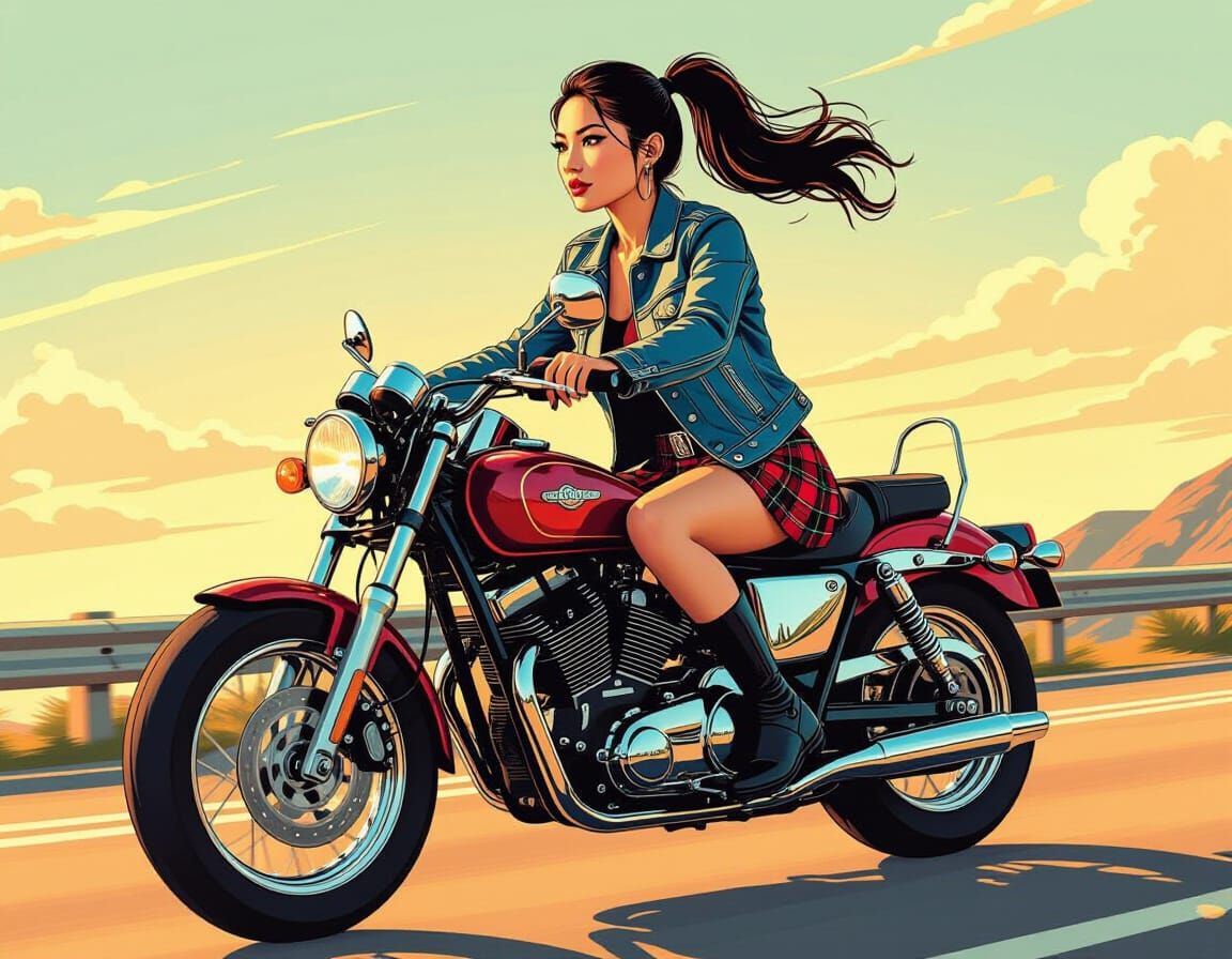 Asian Woman Rides Motorbike in Kilt, Denim Jacket