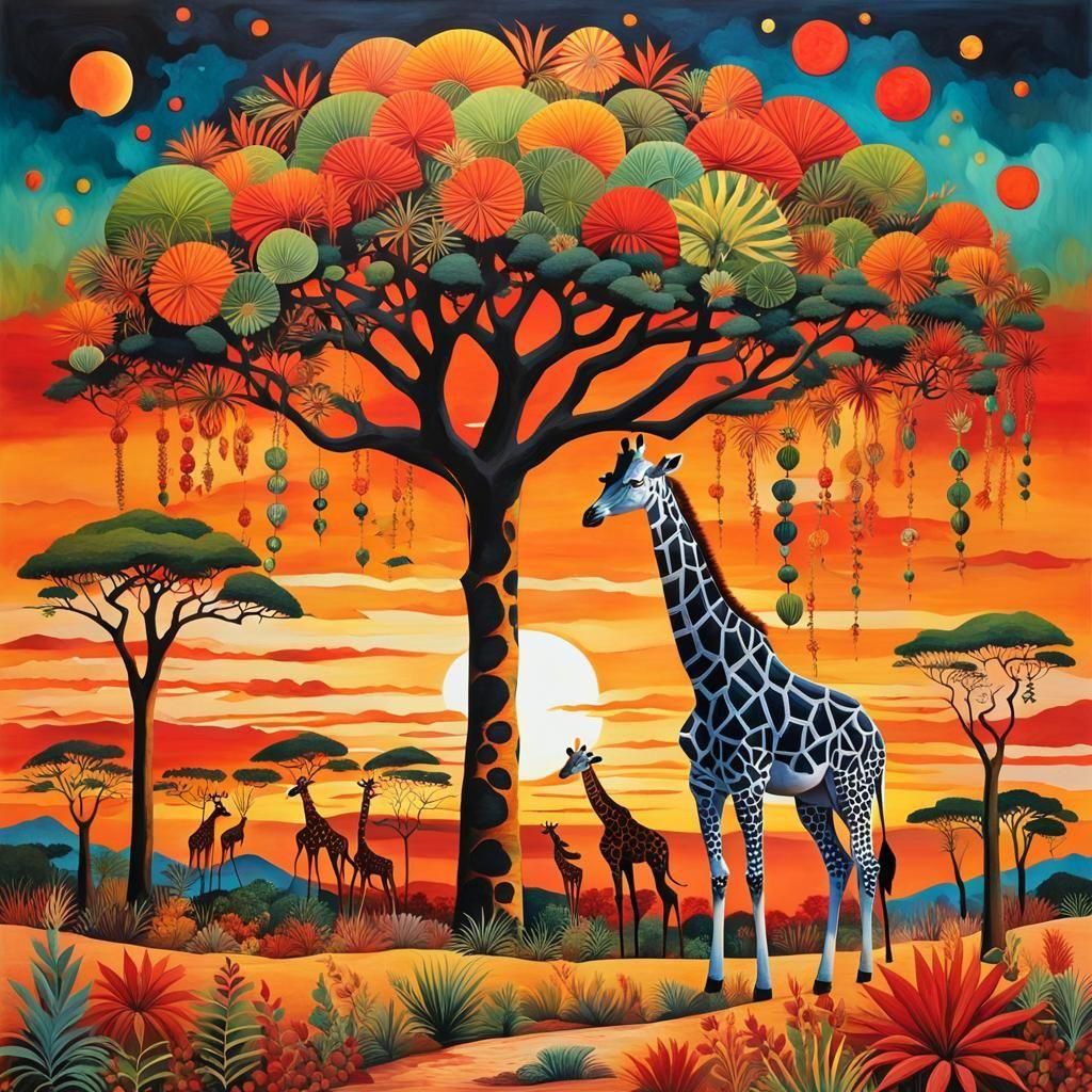 Surreal Giraffe Sunset: Decoupage Collage in Africa