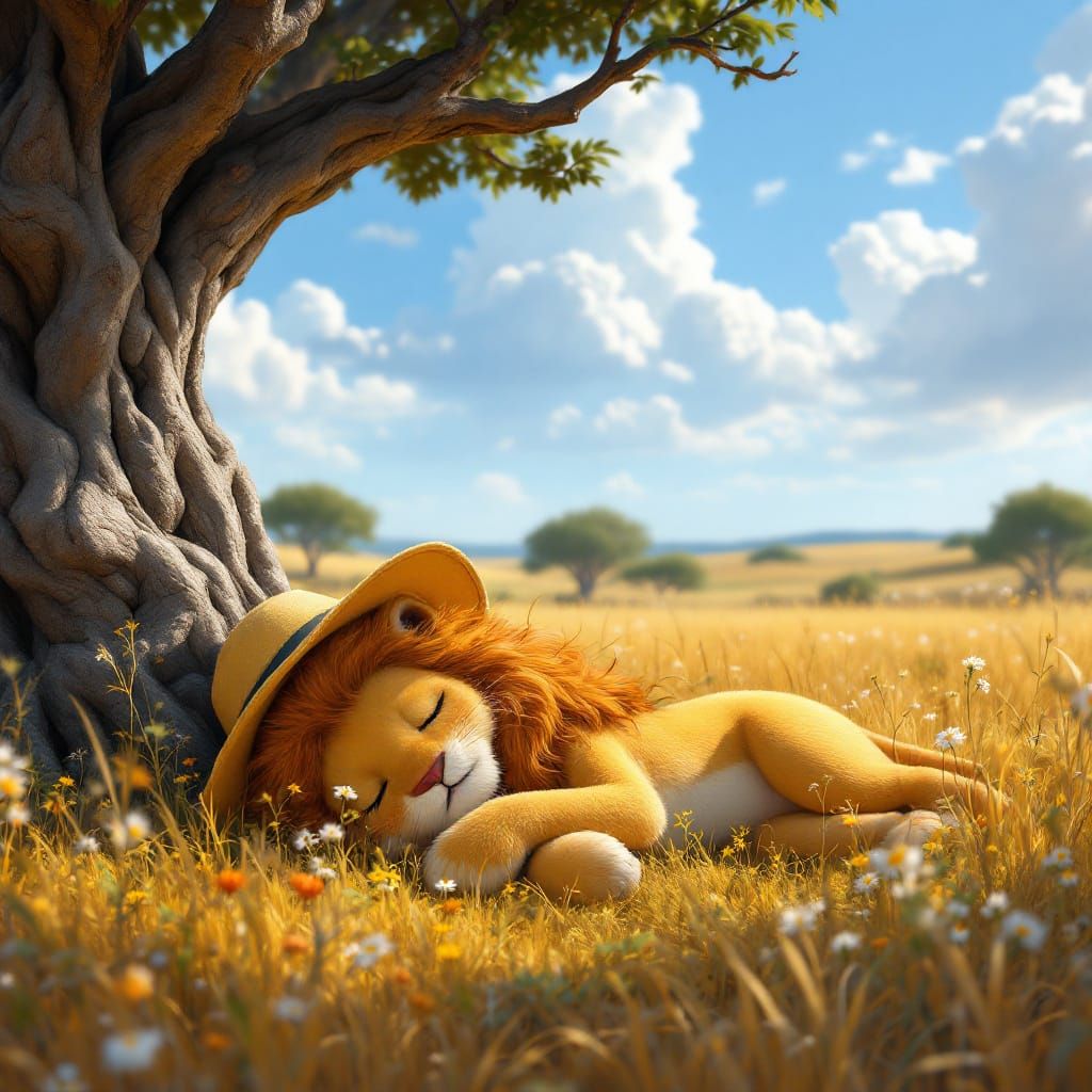 Lion Girl Sleeps in Savannah, Photorealistic Style