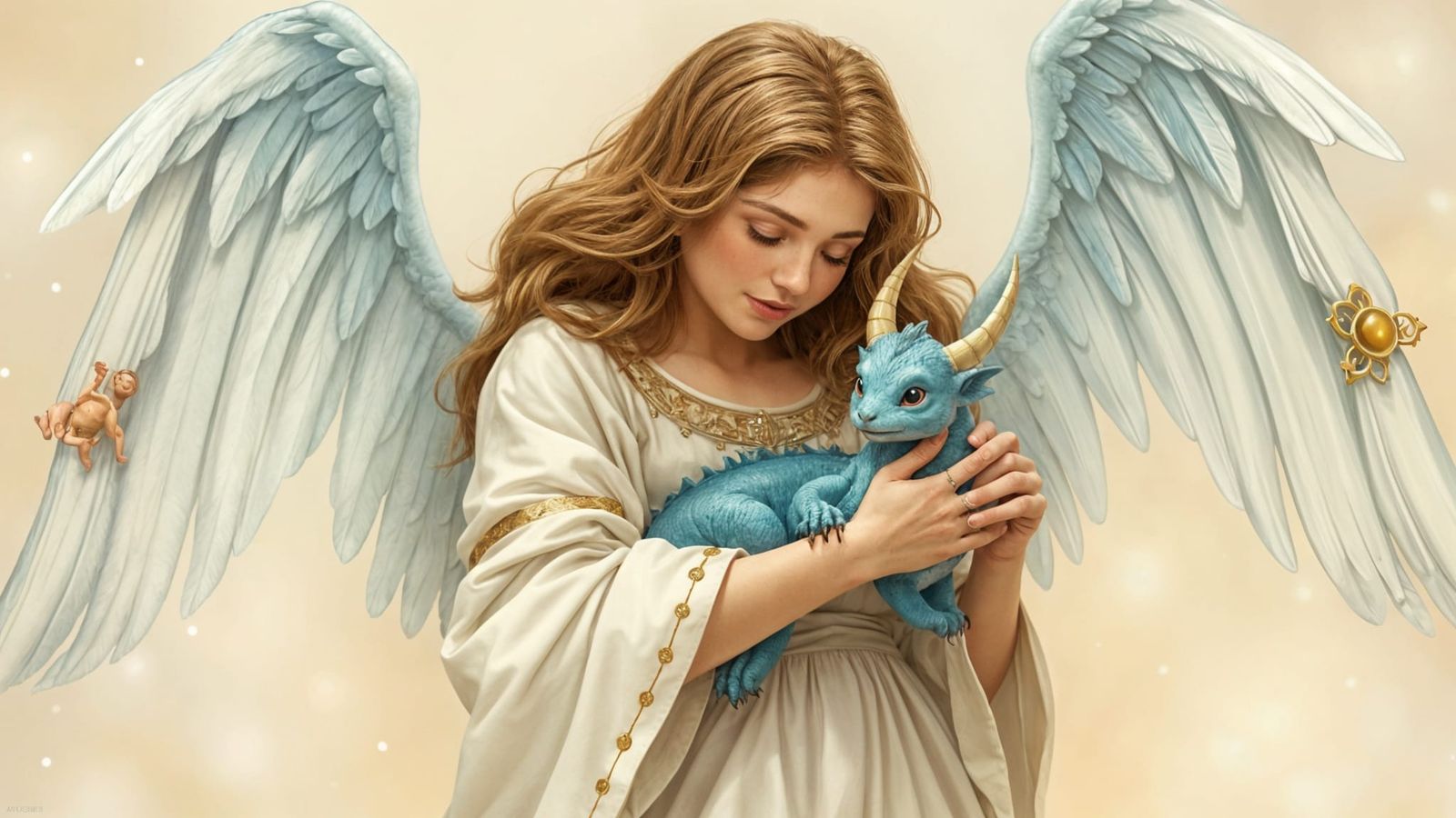 Angel Holding Adorable Baby Blue Dragon Tattoo