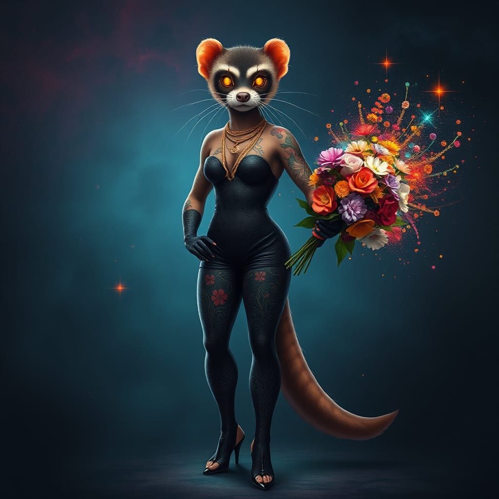 A muscular ferret girl made of dark fabric wearing high heels, glowing cross stitched eyes, floral tattoos on stitched s...