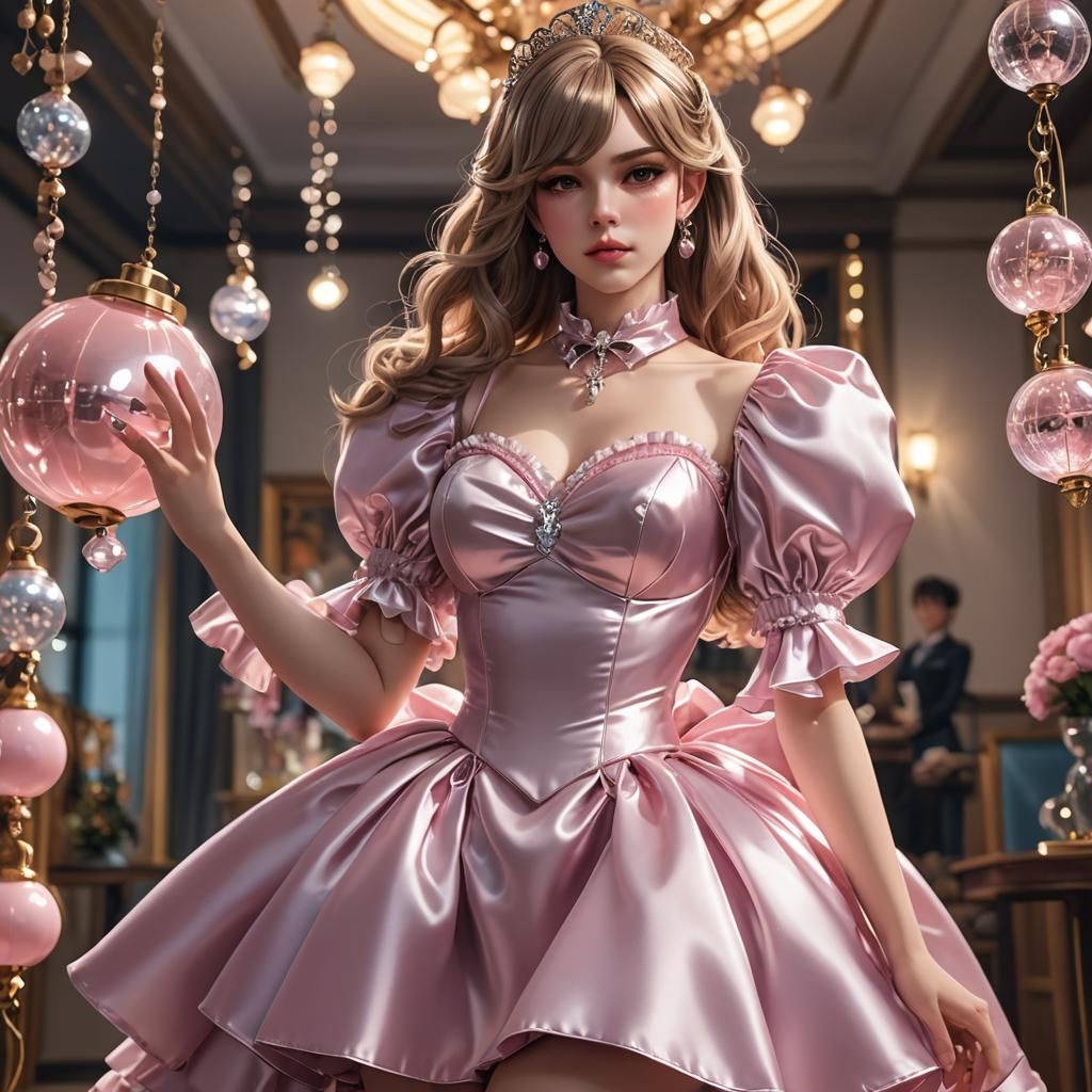 Transgender Individual in Satin Dress, Anime-Inspired 3D Art