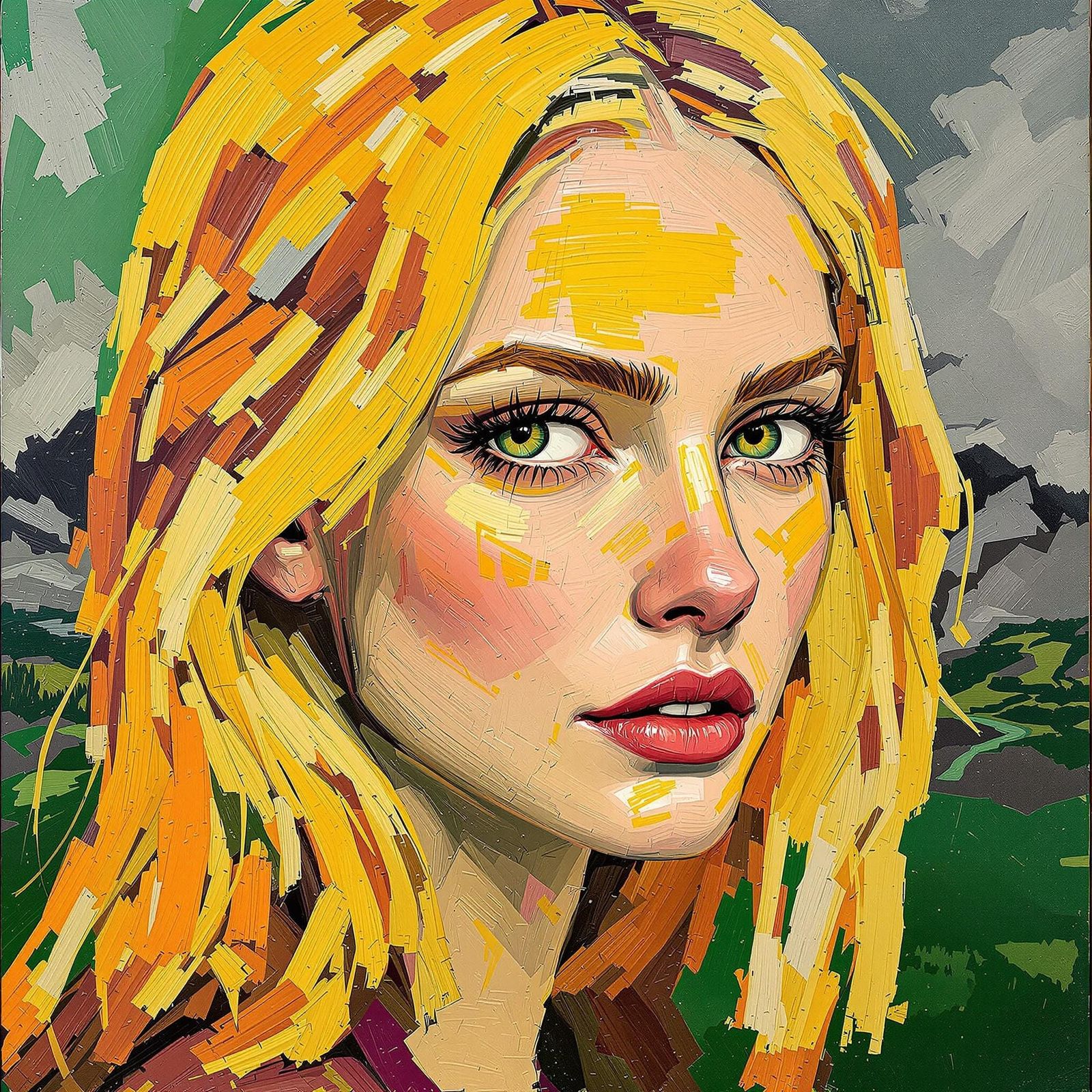 Impasto Portrait of Woman in Stormy Landscape