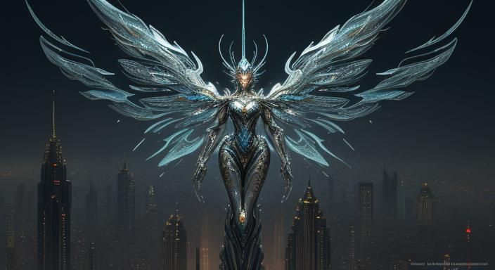 Ethereal Robotic Siren Flying Above Futuristic Cityscape