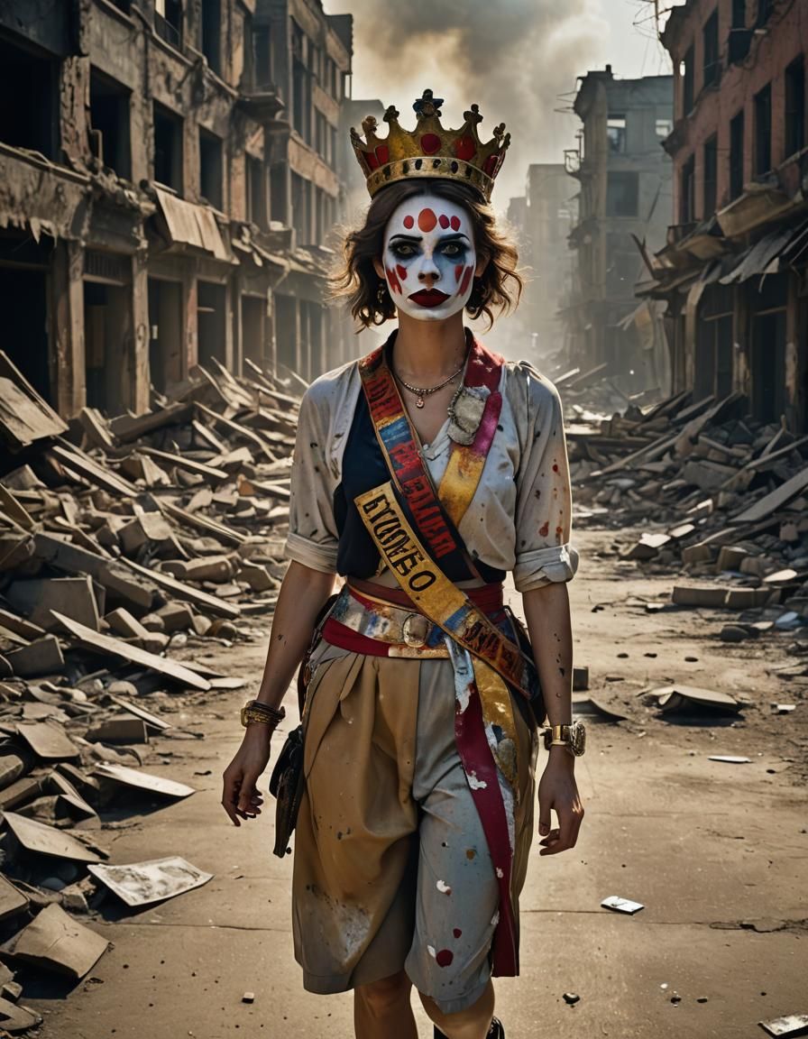 Vibrant Street Portrait of Miss Clown in Bombed City