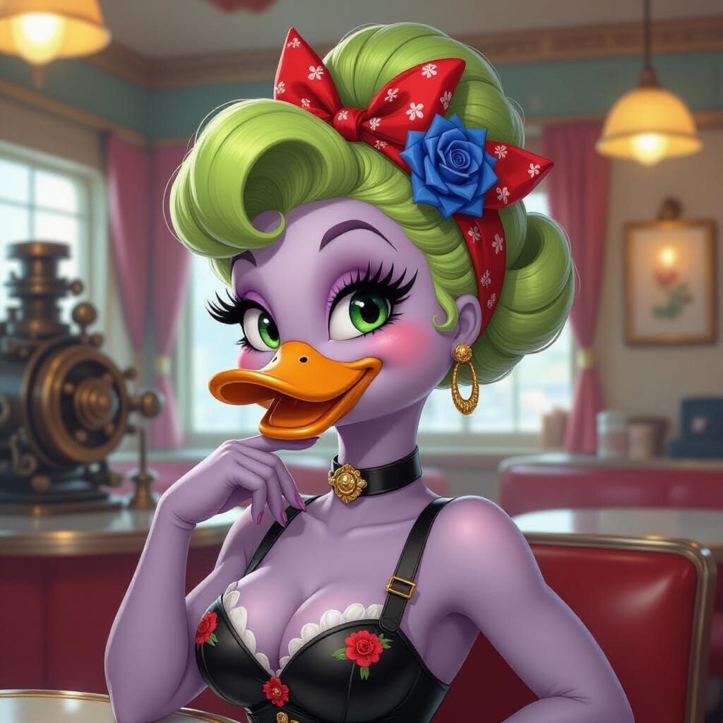 Anthropomorphic Duck Pin-Up in Retro Steampunk Diner
