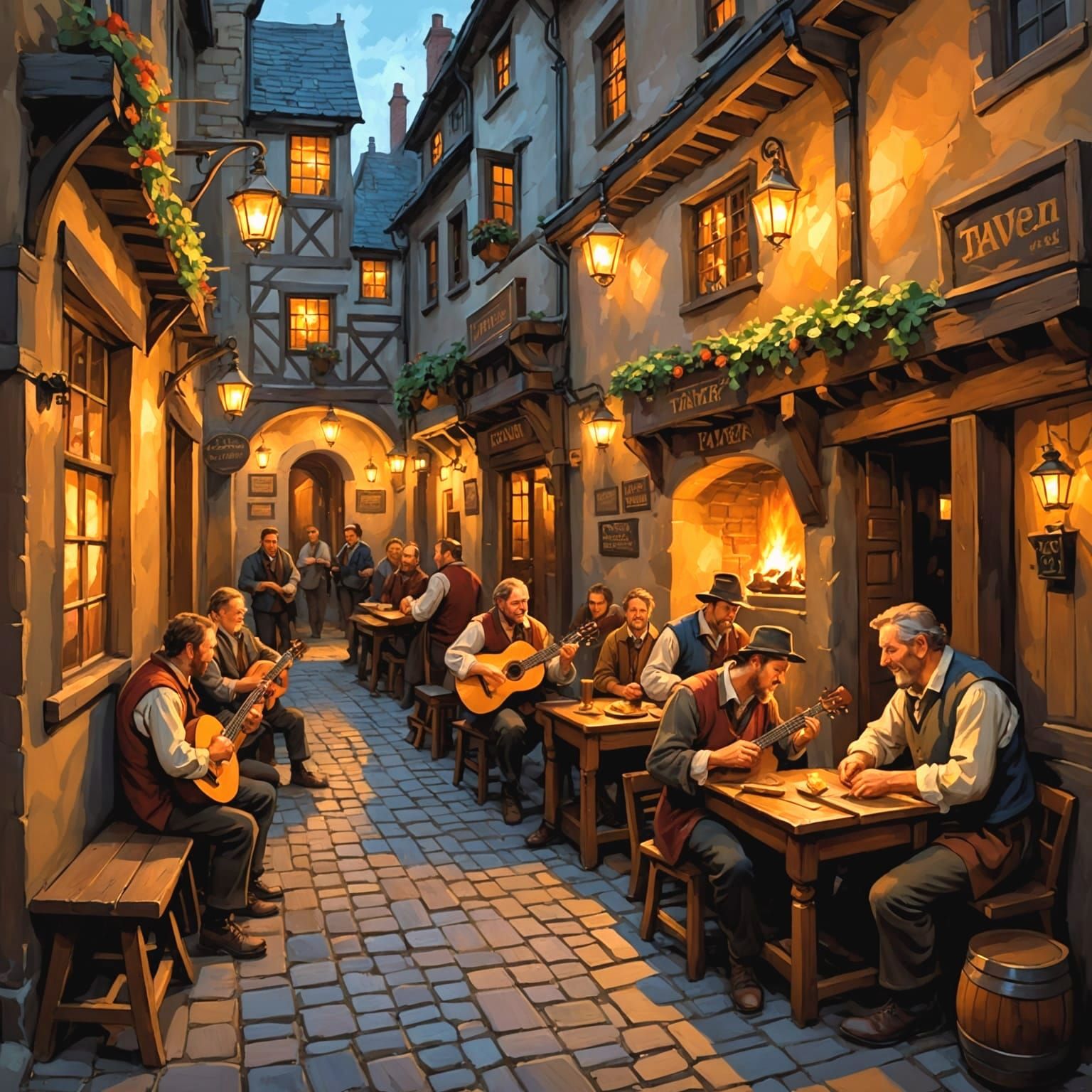 Bustling Tavern and Alley in Impasto Oil Style