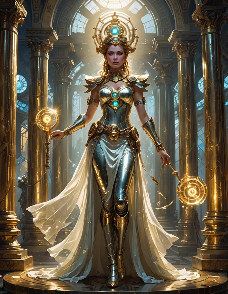 Steampunk Hera in Olympus Temple, Digital Acrylic Painting