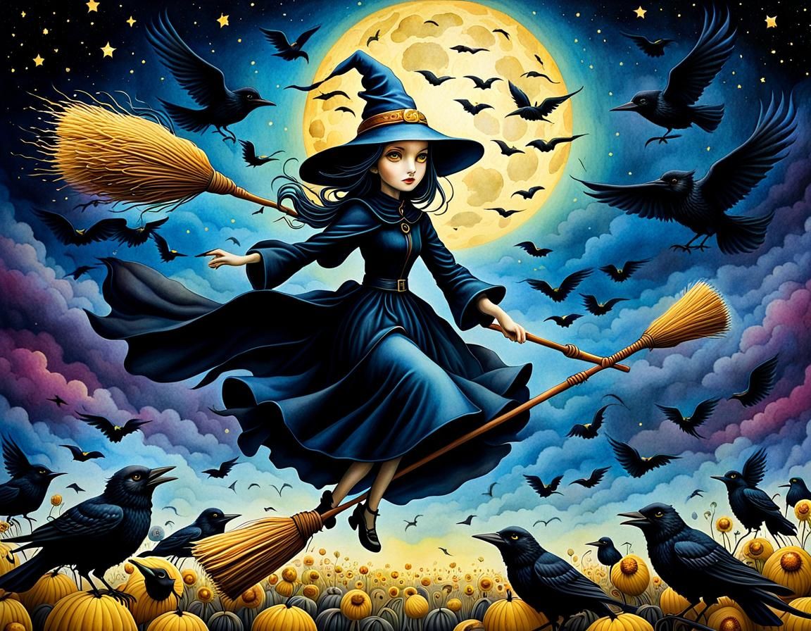 Whimsical Witch Rides Raven-Filled Twilight Sky