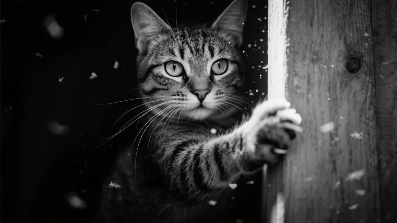 A Cat is shown emerging from deep shadows