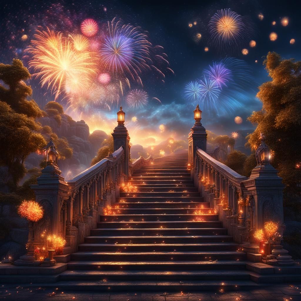 Fireworks Finale at Stairway's End: Detailed Matte Painting