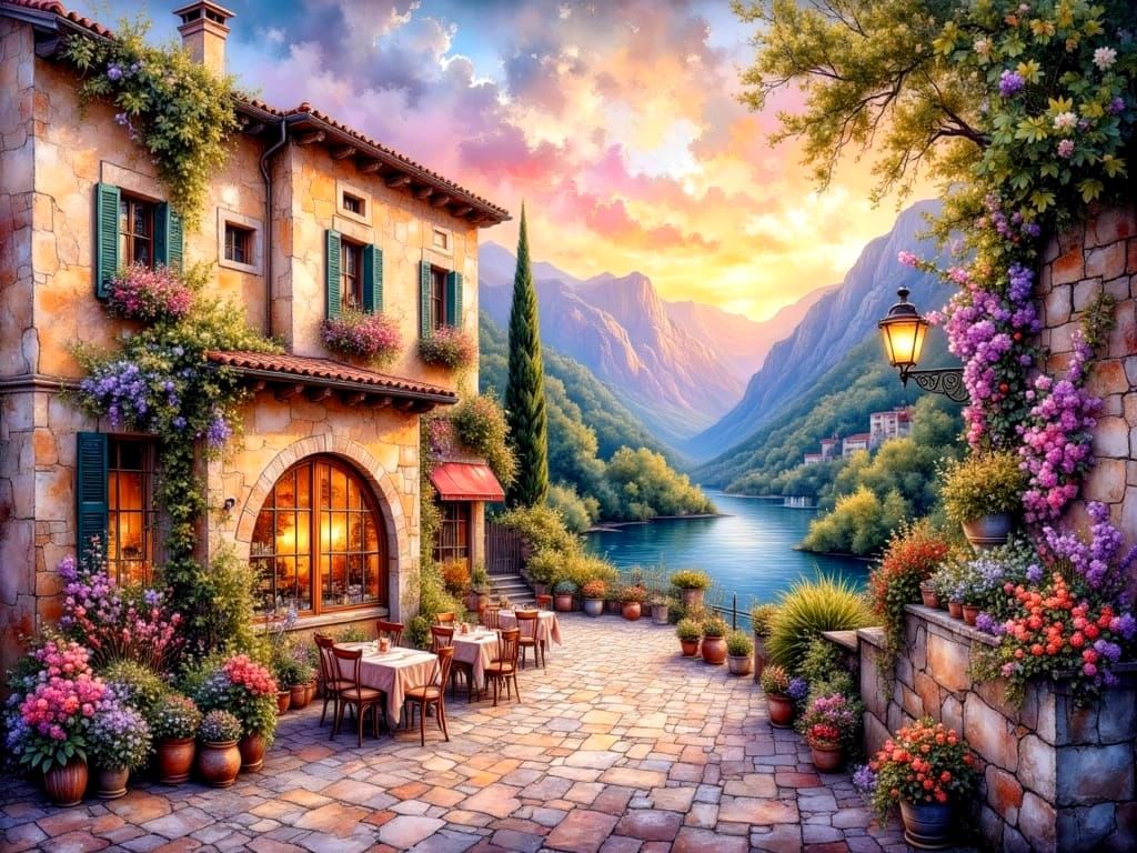 Ethereal Medieval Italian Street Scene with Lake and Mountai...