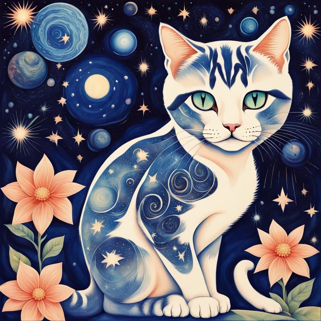 Psychedelic Art Deco Cat in Starry Sky