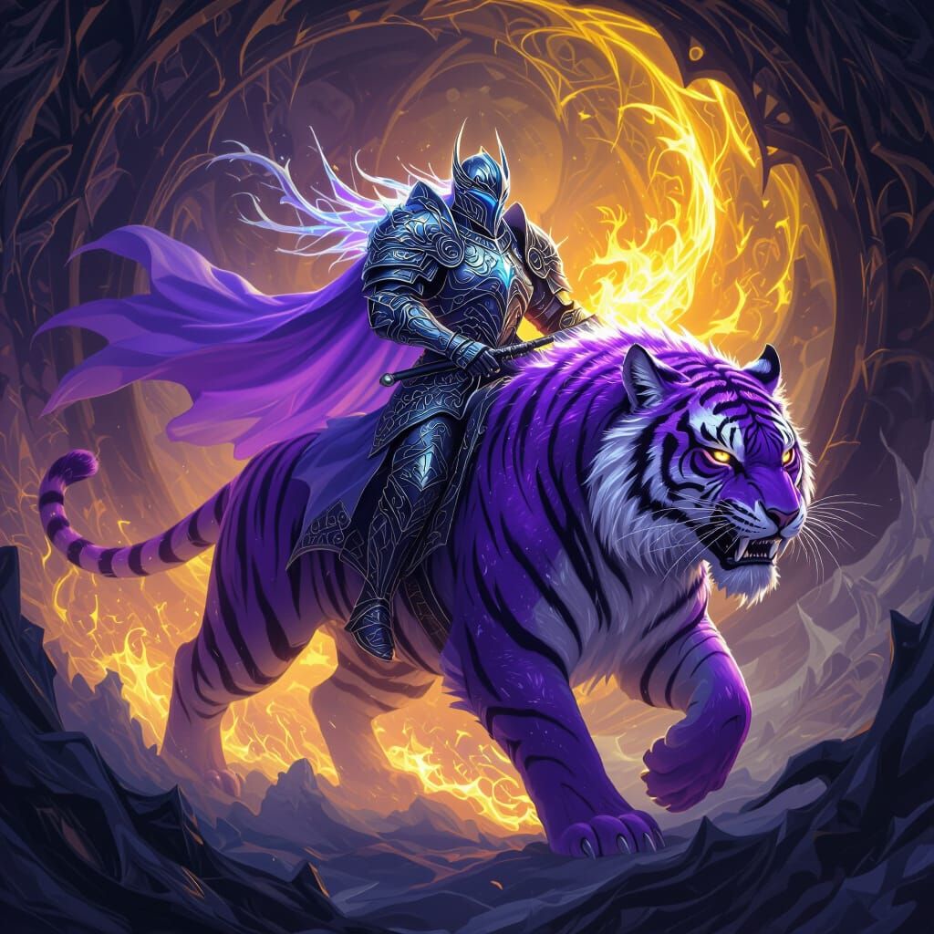 Ice Knight Rides Fire Tiger in Dark Fantasy Style