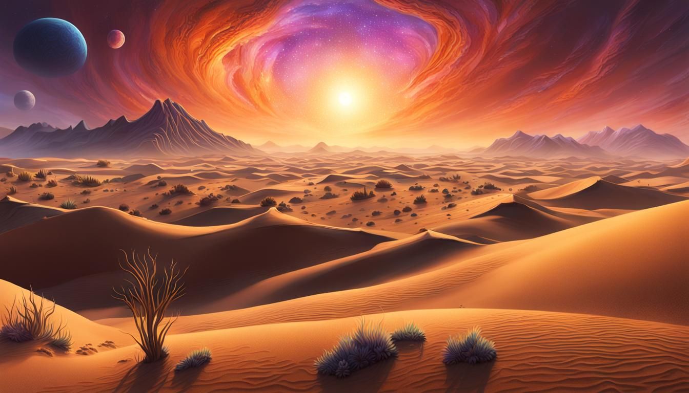 Hyperrealistic Sunfire Dunes in Alien Desert Landscape