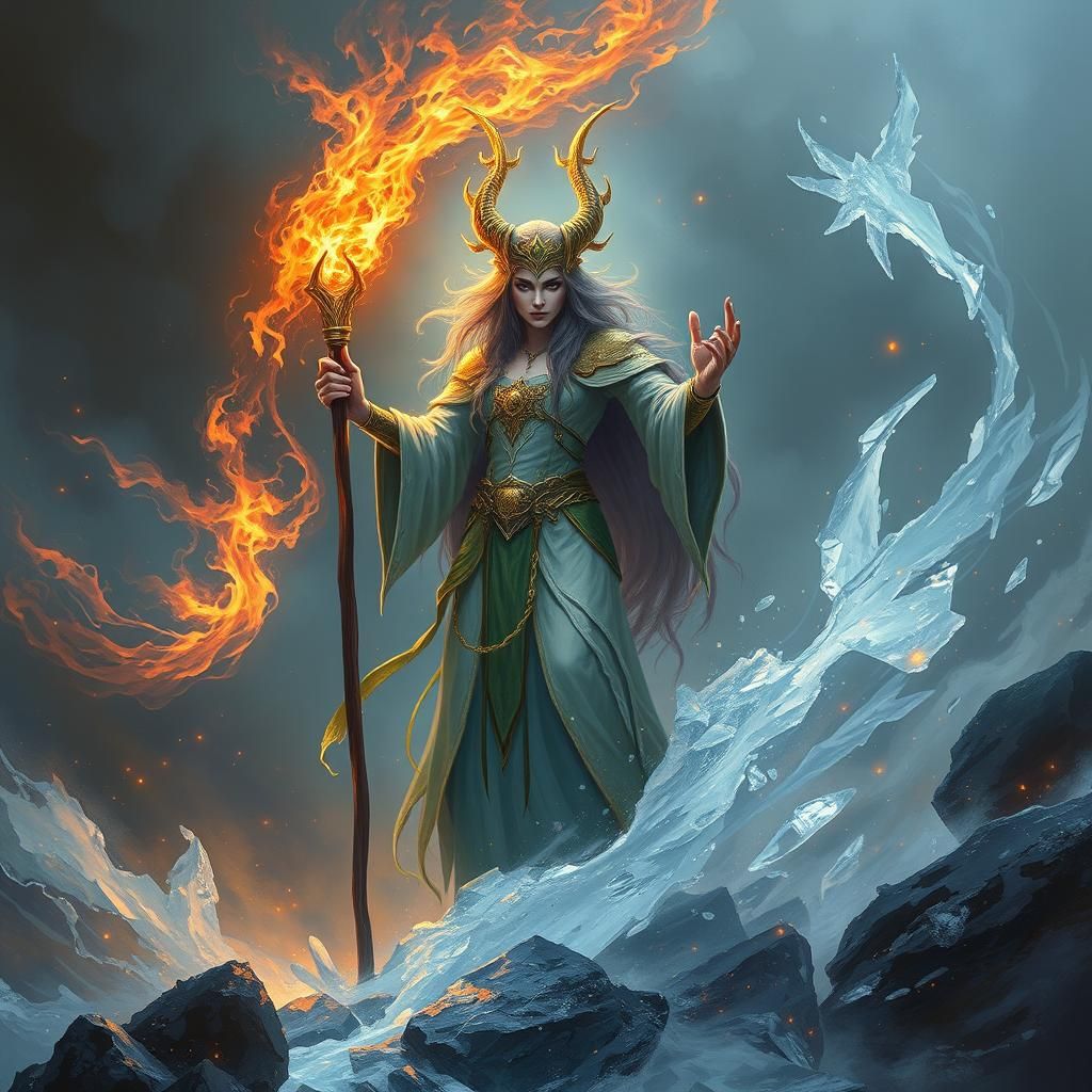 Mystical Elementalist Wielding Storm, Fire and Ice