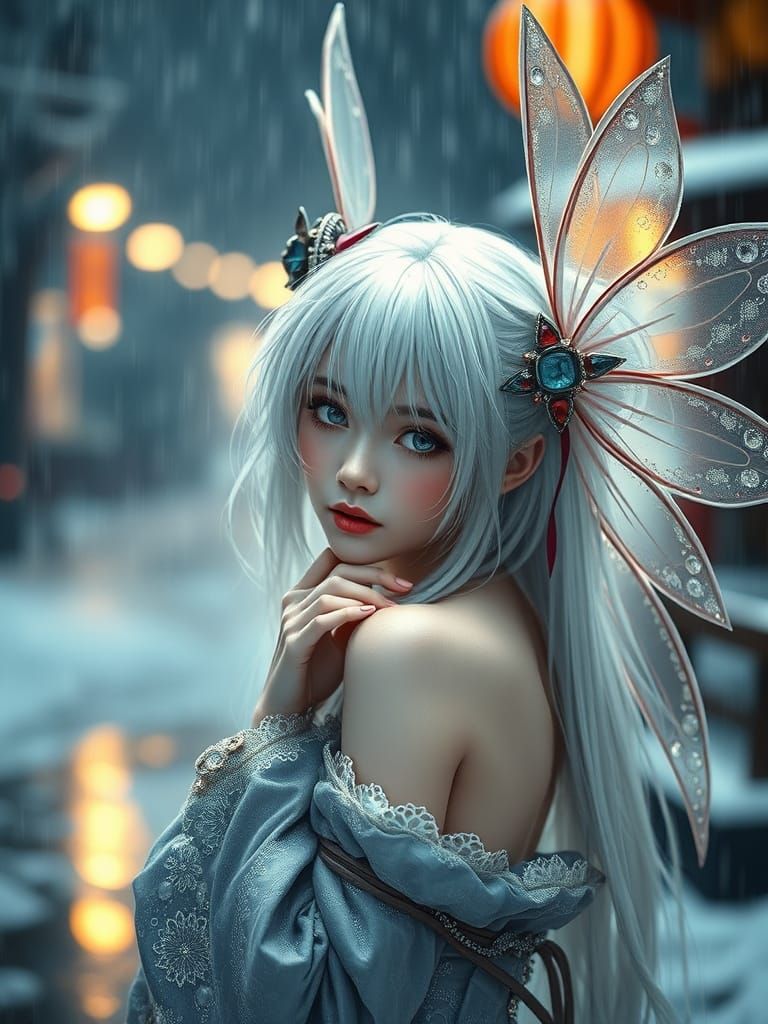 Ethereal Winter Fairy Captured in Rainy Japanese Landscape