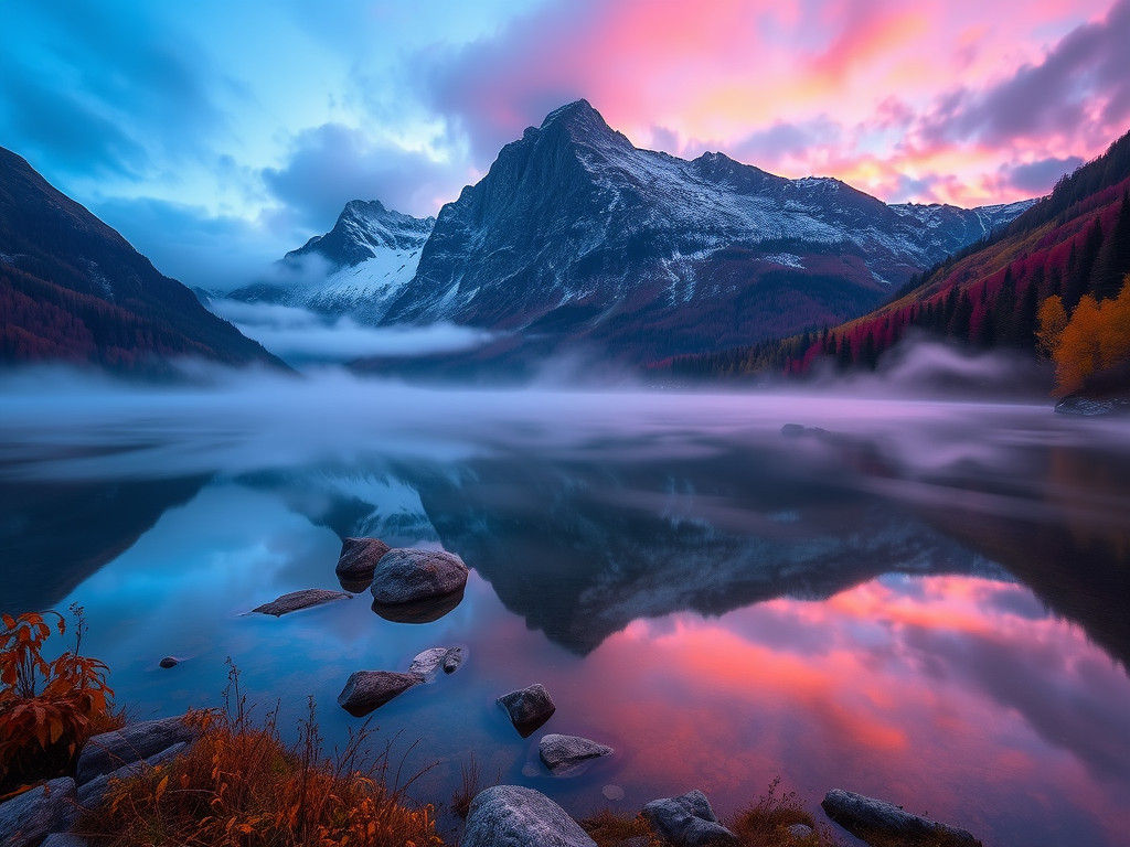 Misty Autumn Dawn Over Mountain Lake