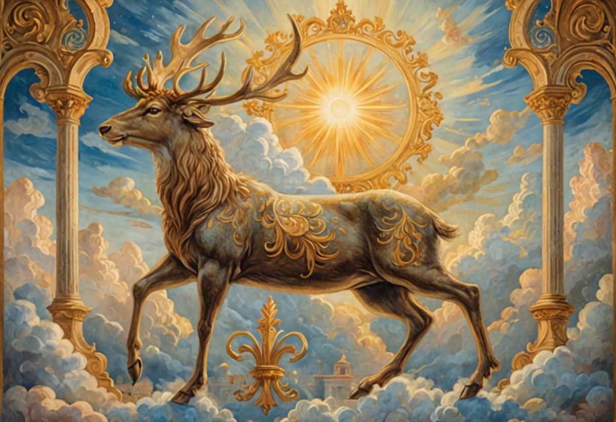 Regal Stag with Lily in Renaissance Fresco Style