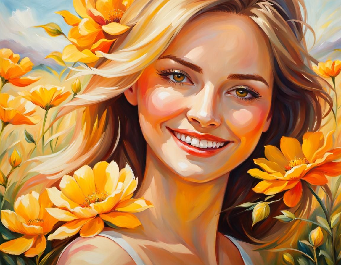 Joyful Woman in Floral Meadow: Oil Painting