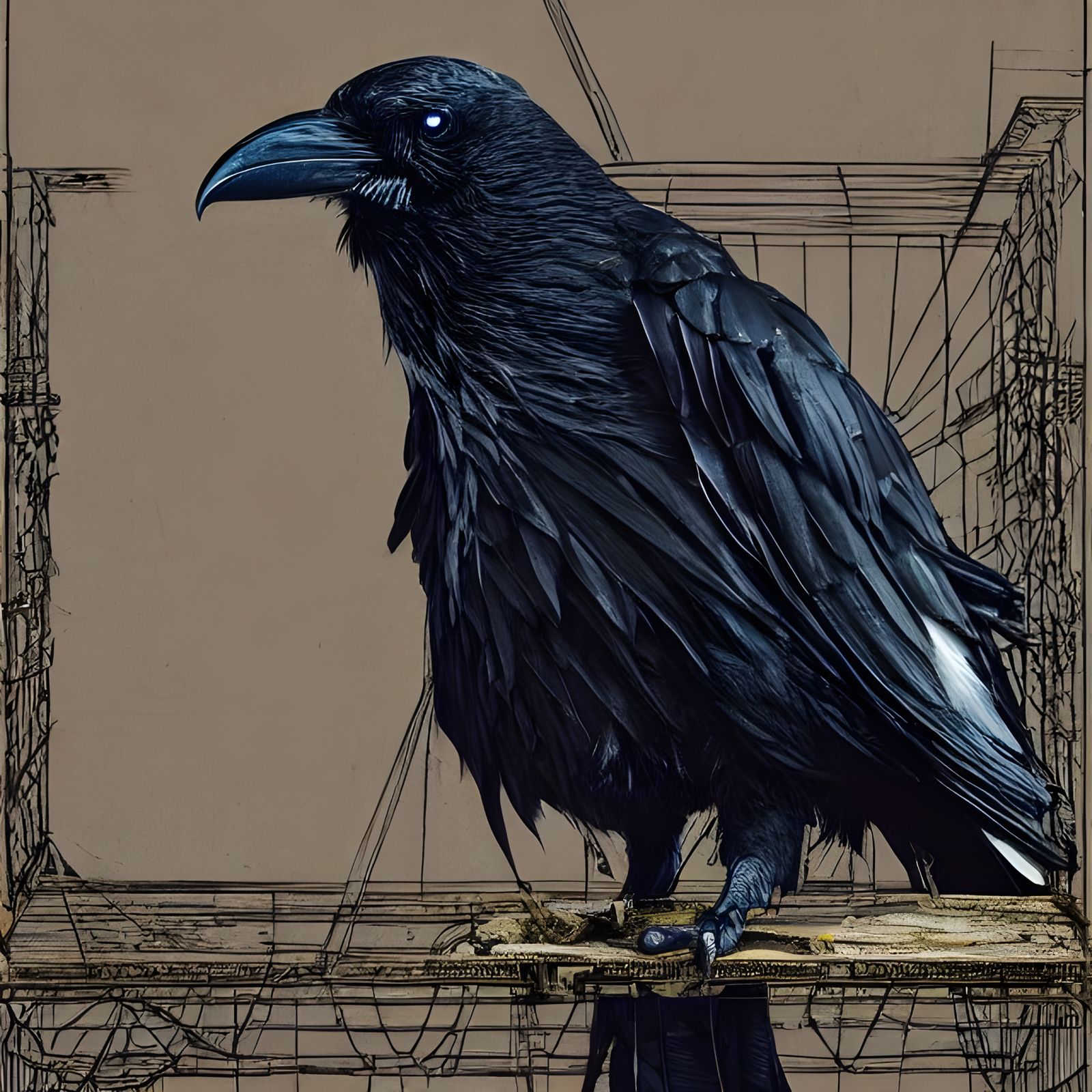 Raven Preening in Cage: Detailed Digital Art