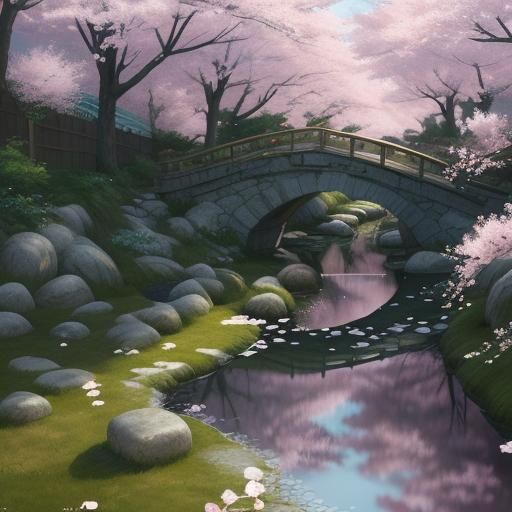 Cherry Blossom Creek: Vibrant 3D Anime Art