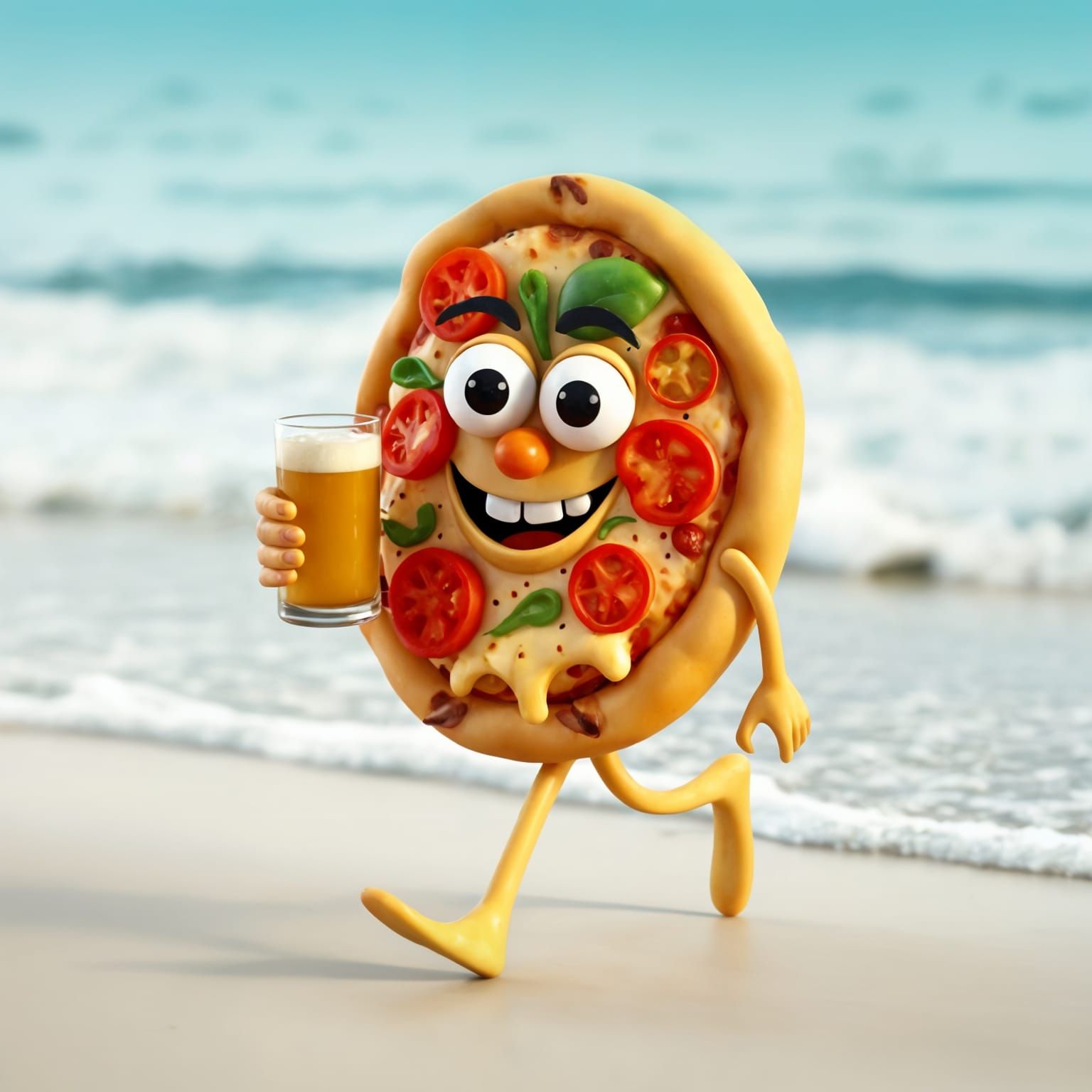 Playful Pizza Walks on Beach, 3D Render