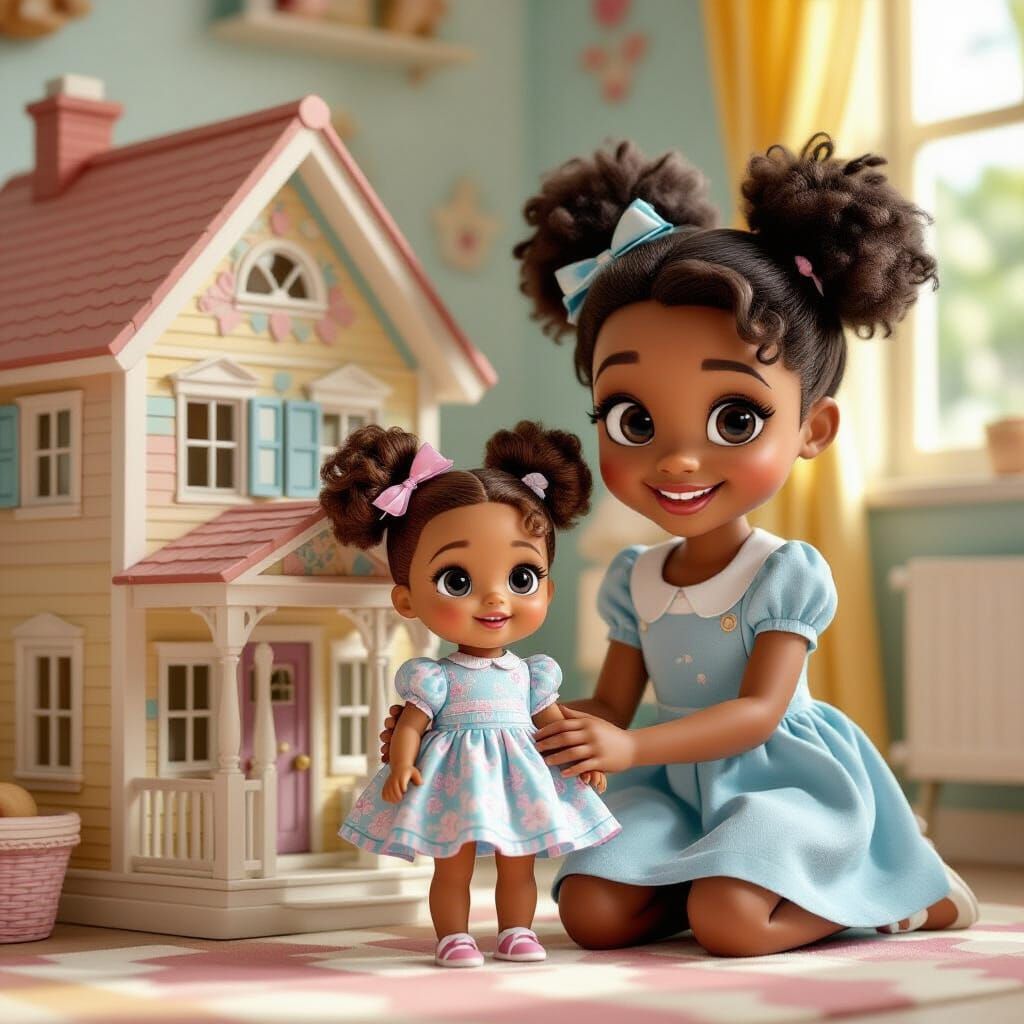 Pixar-Style 3D Render of Girl with Dollhouse