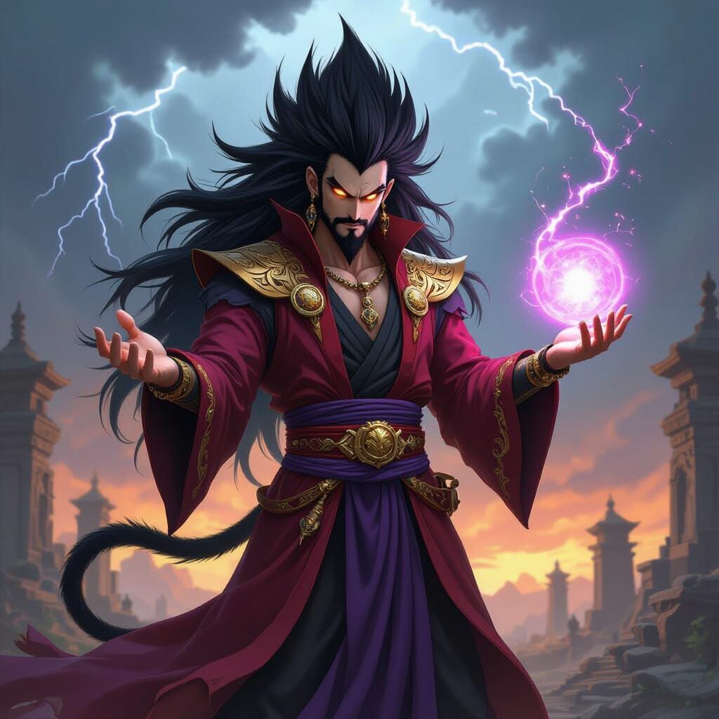 Saiyan Wizard Unleashes Spell in Stormy Skies