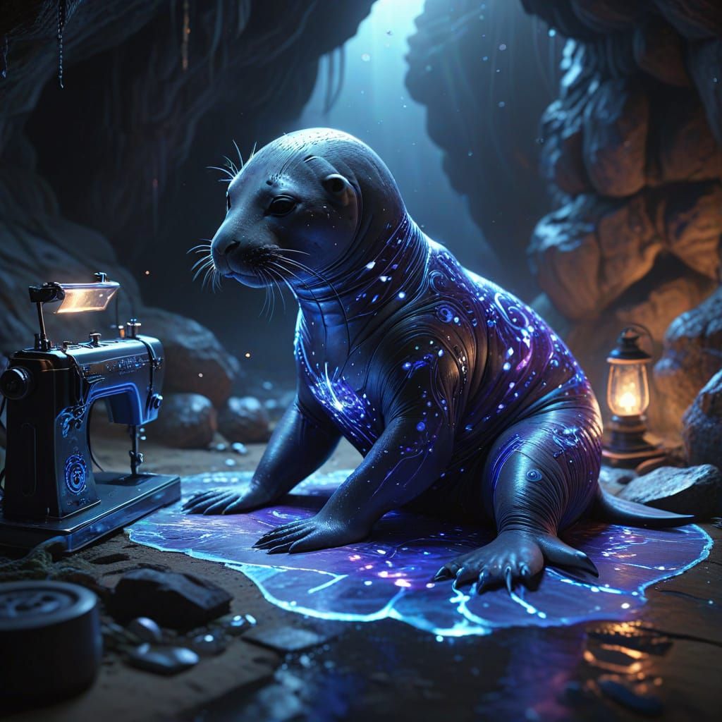 Monk Seal Sewing Dress in Bioluminescent Underwater Cave
