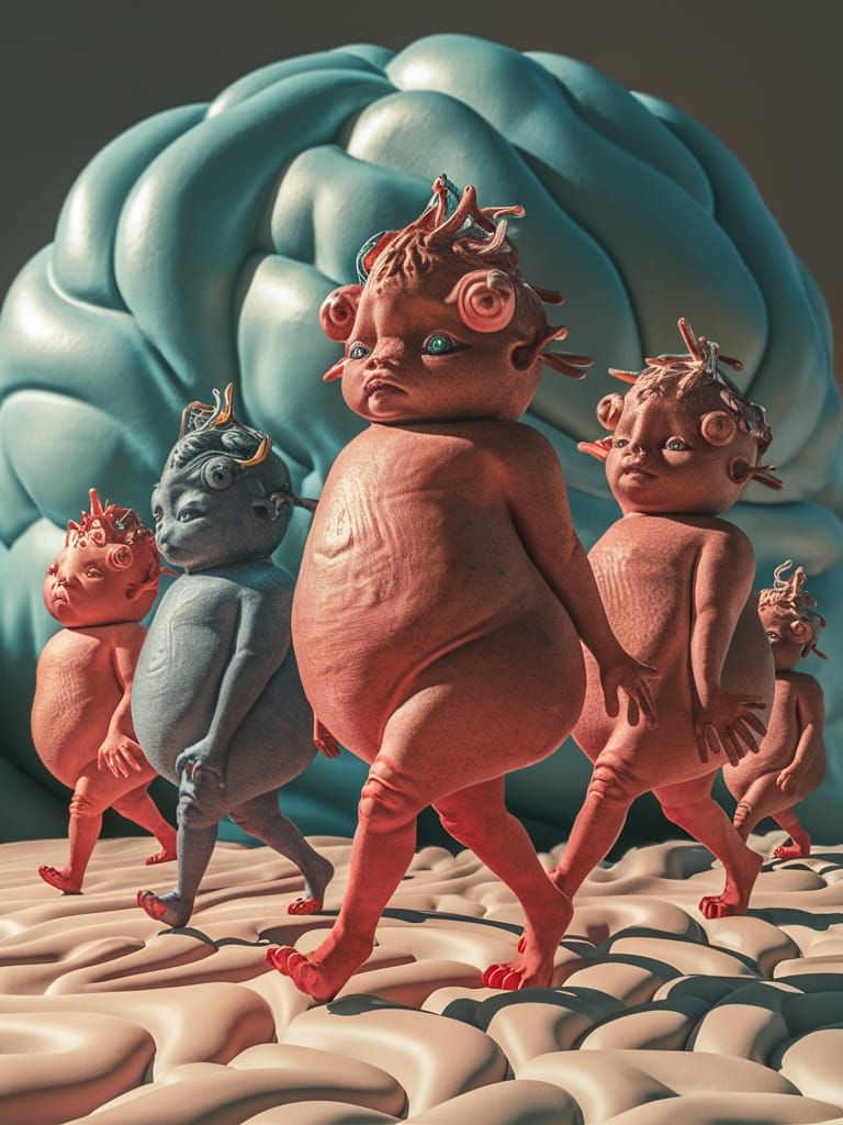 Whimsical Anthropomorphic Creatures in Surreal Brainscape