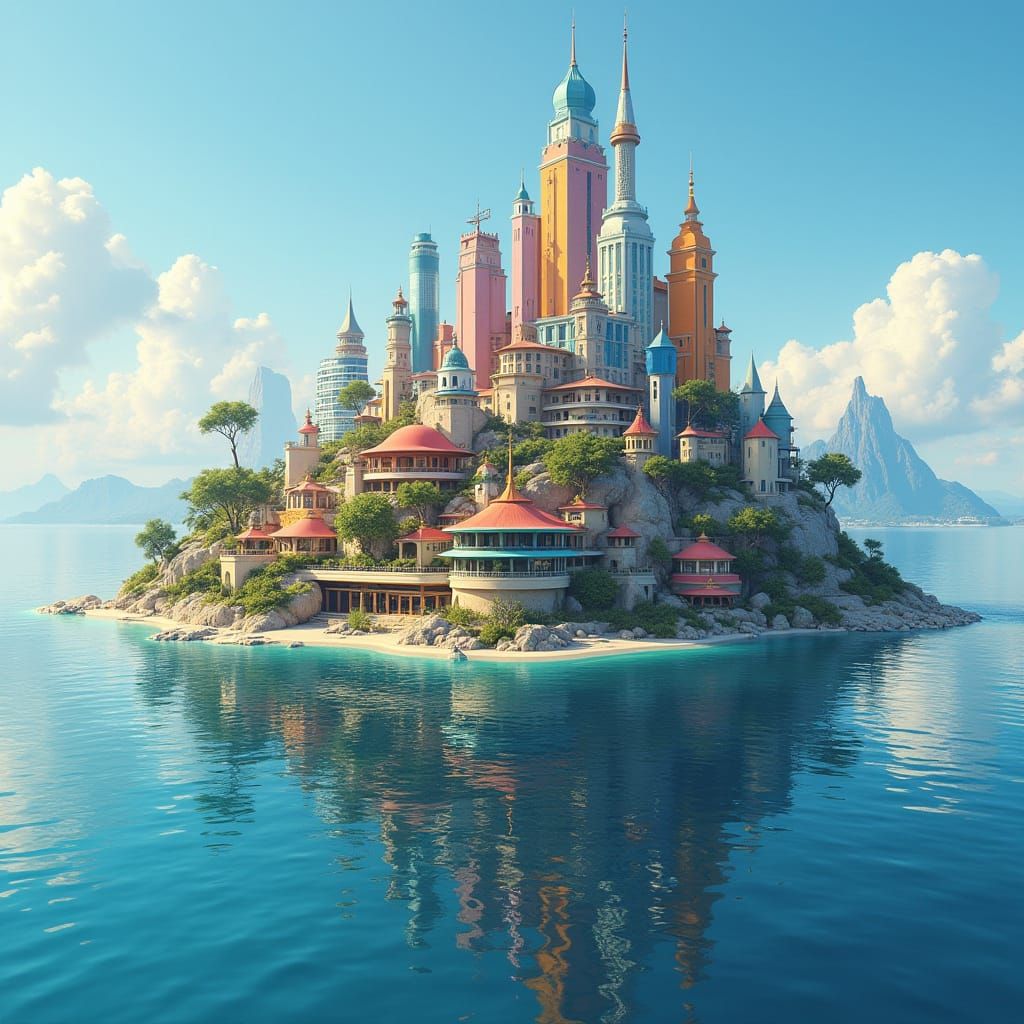 Futuristic City on a Waterbound Island in Art Deco Style