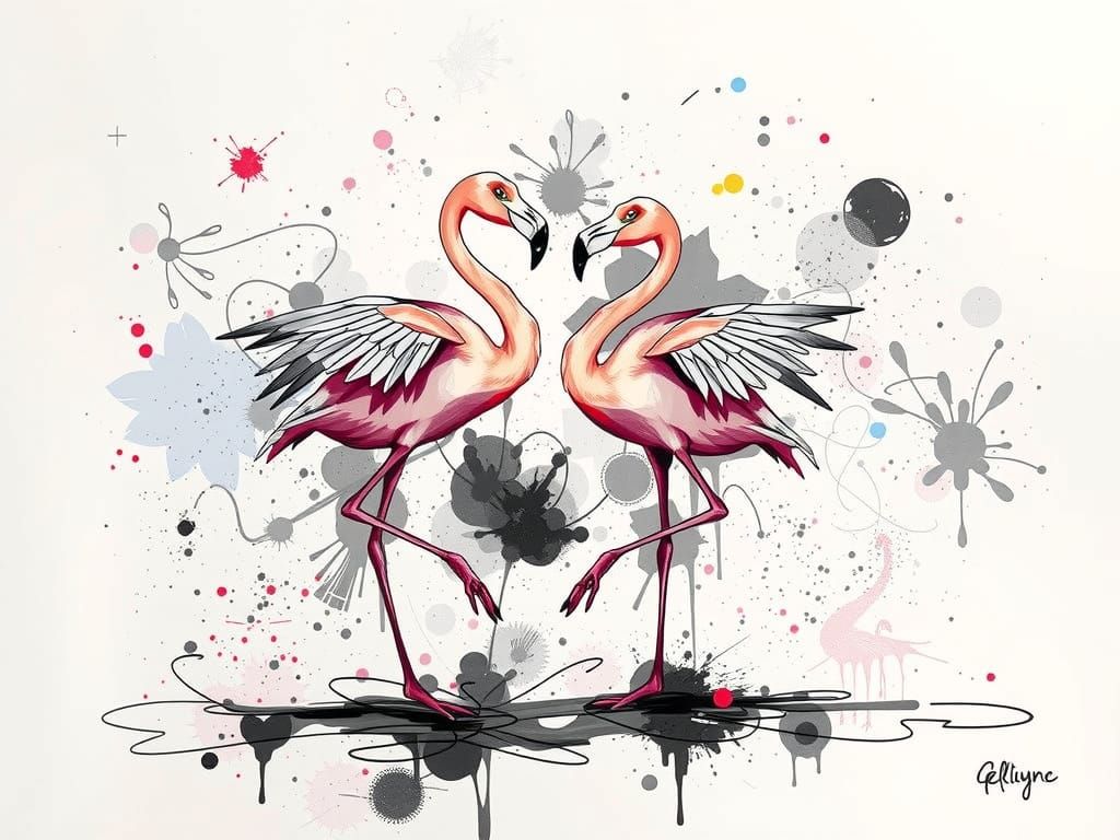 Whimsical Flamingo Dancers in Ink Splatter Style