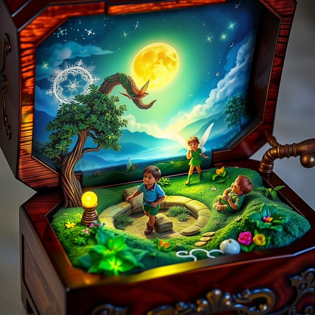 Neverland Music Box in Fantasy Illustration Style