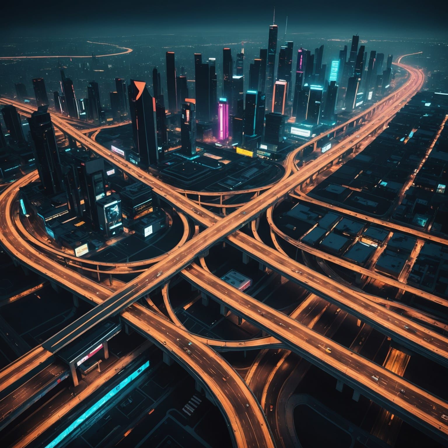 Cyberpunk Freeway Interchange at Night in Urban Sprawl
