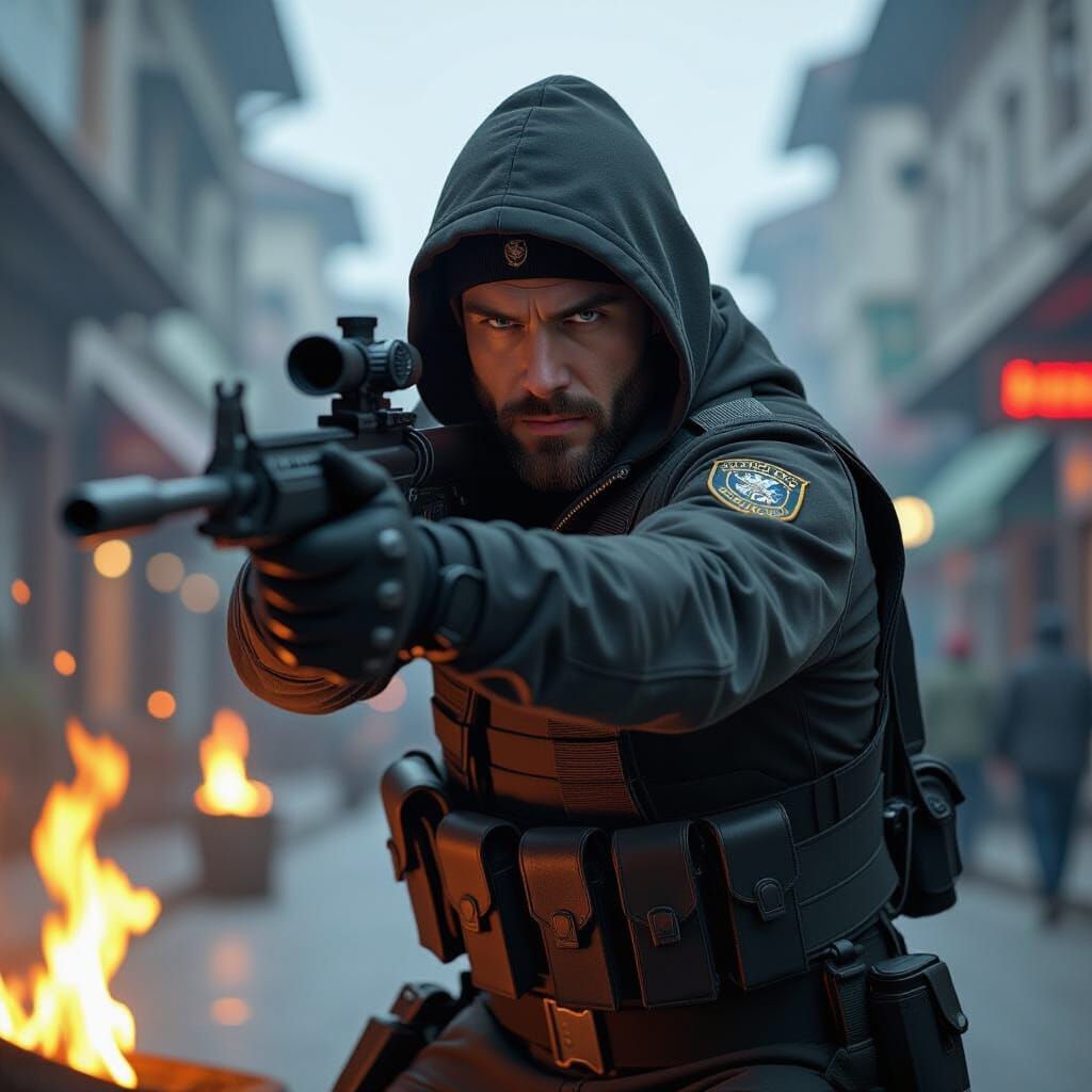 Intense Bank Robbery Character with Guns in Fire