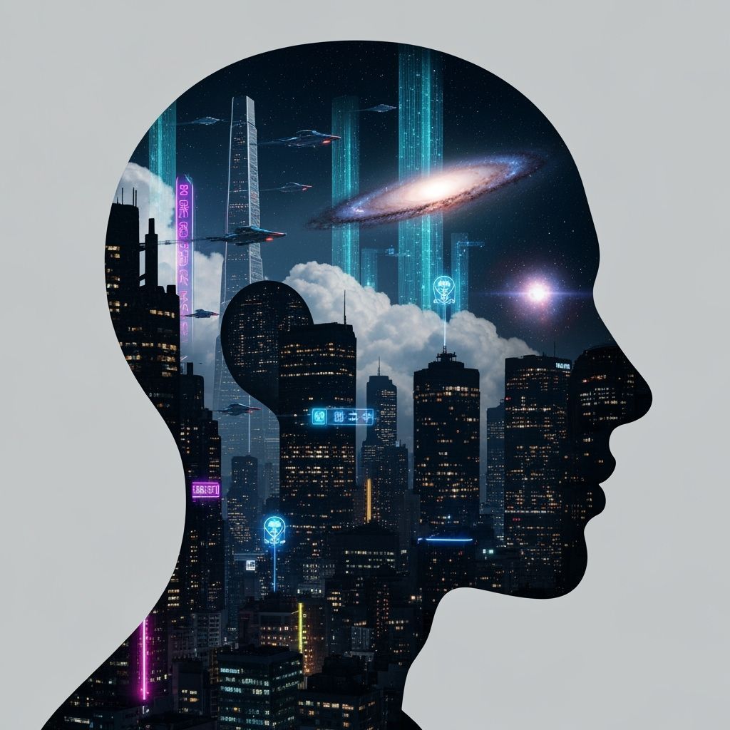 Android Silhouette with Futuristic Cityscape