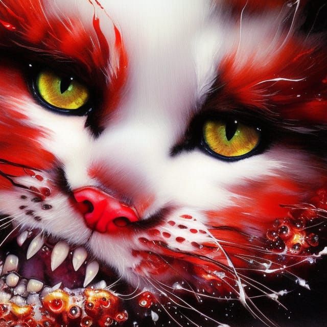 Grinning Red-Eyed Kitten in Dark Room, Photorealistic Art