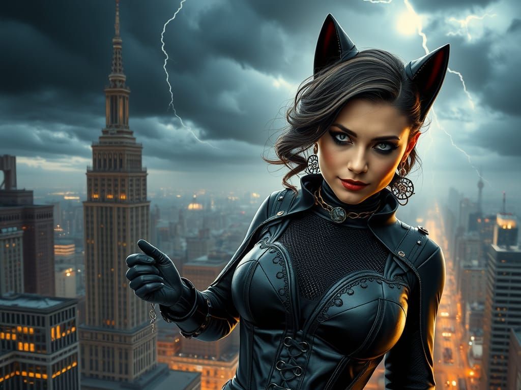 Steampunk Catwoman in Retro-Futuristic Cityscape