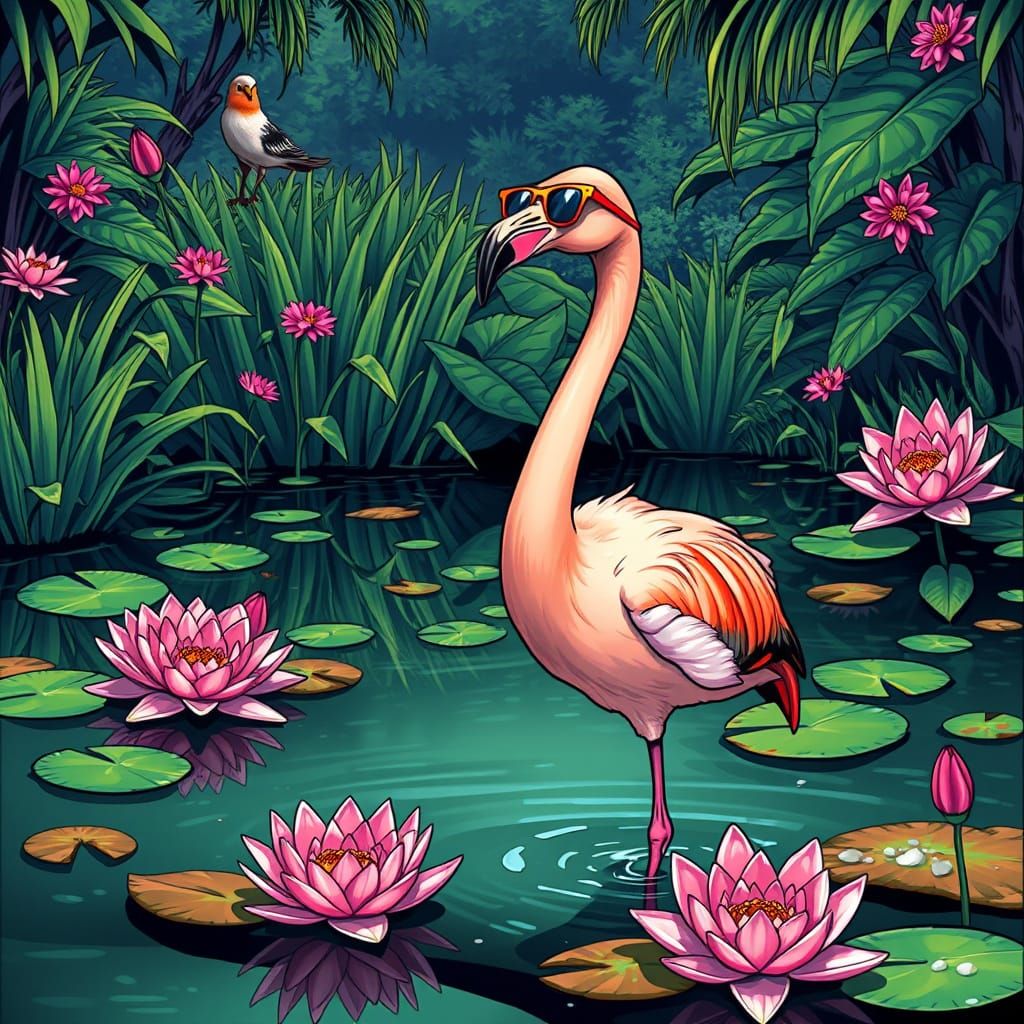 Flamingo in Sunglasses Amidst Vibrant Water Lilies