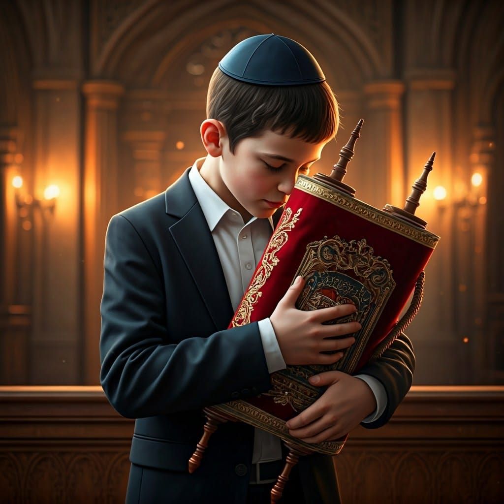 Hasidic Boy Kisses Torah Scroll in Synagogue