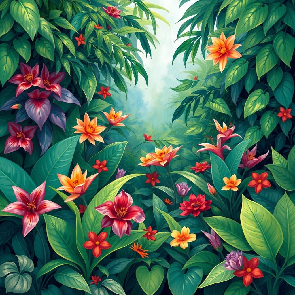 Impressionistic Rendering of Exotic Plants and Flowers